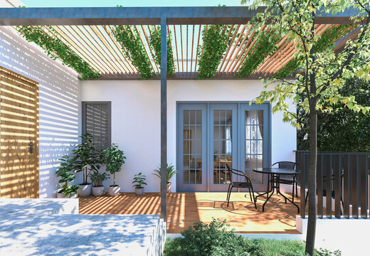 3d design and rendering of a backyard with pergola and in a tropical environment