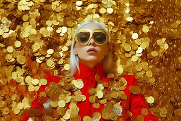 Photo of a woman born on a pile of gold coins. Woman wearing red t shirt sleeping on a pile of gold coins. Generative AI.