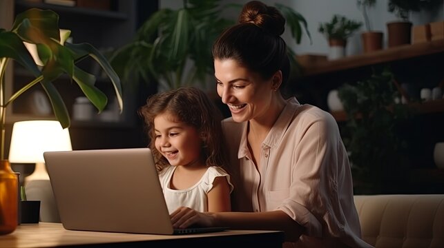 family online education concept  mother woman and daughter in the living room of their home using laptop for homework together during the evening.