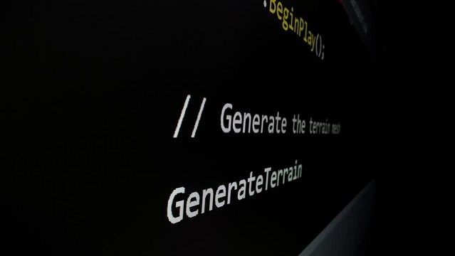 Closeup macro shot movement of coding script moving across LED screen with real-time AI-generated typing, showcasing advanced AI learning in optimization, debug and coding for software development.
