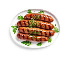 Delicious Plate of Grilled Sausages Isolated on a White Background