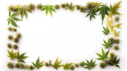 White background with frame of medical cannabis leaves and copy space for text in centre.