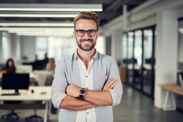 Confident and smiling handsome hipster man standing in the office