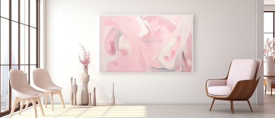 Jasny przestronny salon - tło, mockup na wiszący obraz. Różowe dekoracje, białe ściany. Minimalistyczne wnętrze - obrazy, fototapety, plakaty
