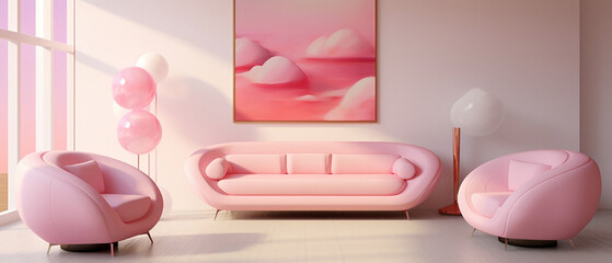 Mockup - tło. Salon render 3d. Miejsce na obraz na ścianie w salonie w różowych jasnych kolorach. Rama na grafikę. - obrazy, fototapety, plakaty