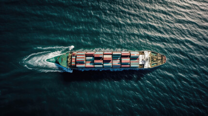 Aerial top view container cargo ship in import export business commercial trade logistic and transportation of international by container cargo ship in the open sea, Container cargo freight shipping.