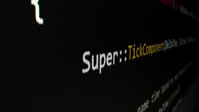 Closeup macro shot movement of coding script moving across LED screen with real-time AI-generated typing, showcasing advanced AI learning in optimization, debug and coding for software development.
