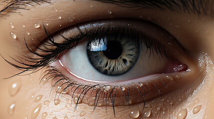 A close-up image of a woman's eye is covered with water drops, showcasing intricate details.