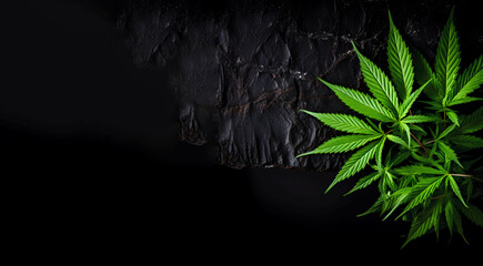 Macro shot of realistic cannabis leaves on dark wall. Can be used for medicine promotion or graphic design. Graphic Art