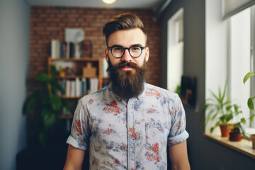 Confident and smiling handsome hipster man standing in office environment at home - obrazy, fototapety, plakaty