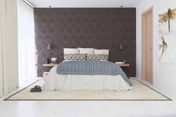 3d render elegant minimalist master bedroom in neutral tones