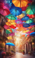 Fototapeta na wymiar A bright picture of a street landscape with colorful umbrellas. Generative AI.