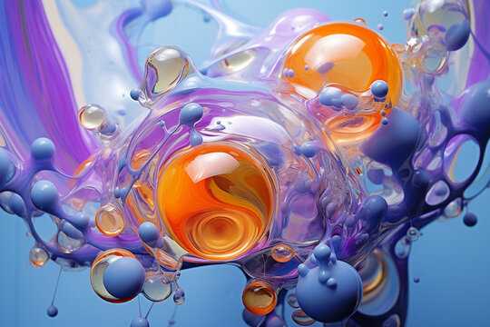 Purple and yellow soap bubbles in paint create an abstract design suitable for a colorful background.