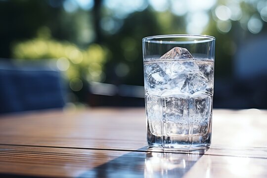 a glass of fresh water with ice on a table with blurred background