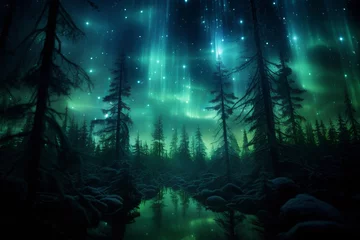Foto op Canvas aurora borealis shining green over a pine forest in the arctic © urdialex