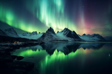aurora borealis shining green over snowy mountains in the fiords of Norway