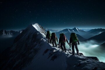apinist climbing a summit in the himalayas at night - obrazy, fototapety, plakaty