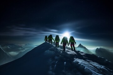 apinist climbing a summit in the himalayas at night