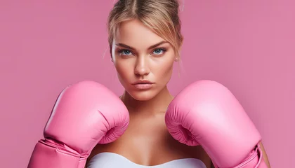 Poster Woman in boxing gloves on pink background - fight against breast cancer © terra.incognita