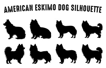 American Eskimo Dog vector Silhouette set, Eskimo dog black Silhouettes isolated on a white background