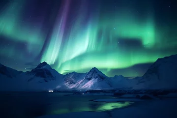 Fototapeten aurora borealis shining green over snowy mountains in the fiords of Norway © urdialex