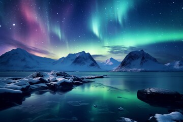Naklejka premium aurora borealis shining green over snowy mountains in the fiords of Norway