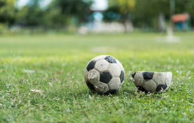 Close up of a old soccer, at the old football field.