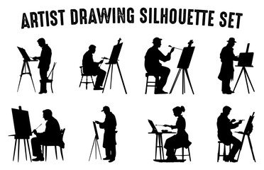 Artist Silhouettes Vector Collection, Drawing Artist Silhouette black Clipart Set