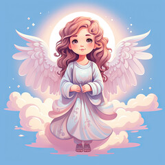 Sweet little girl angel on a cloud. Angel with halo, cartoon illustration. AI generated