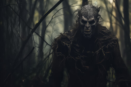 a zombie walking through the woods near a bridge, in the style of norwegian nature.