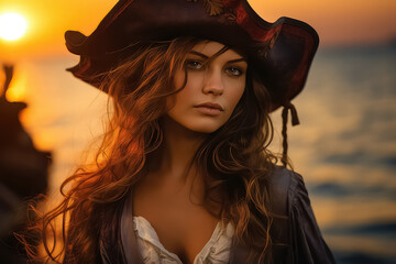 Fototapeta premium Pirate woman on the sea coast during sunset.