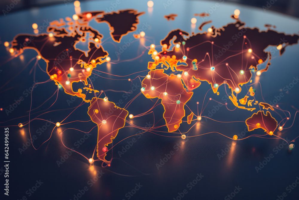 Poster tech-connected globe: world map with pins on a futuristic technology-lit background - global connect
