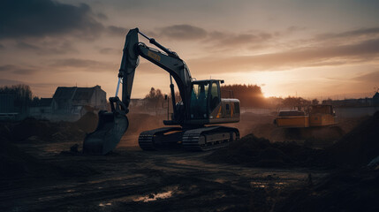 Fototapeta na wymiar A large excavator working on an industrial site under a sunset sky.