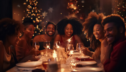 happy group of friends celebrating christmas and new year together at the festive table in the evening with a garland - obrazy, fototapety, plakaty