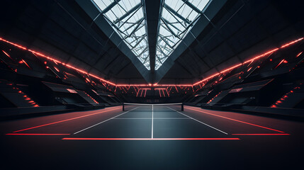 arafed image of a tennis court with a net and a skylight Generative AI