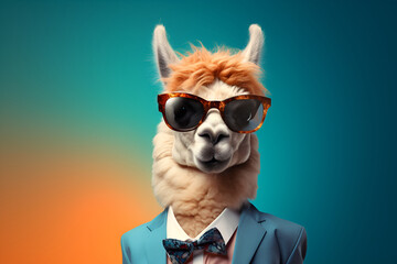 Cheerful llama, alpaca in glasses on a blue orange background, dressed in a blue jacket with a tie. Humorous postcard, funny poster.