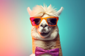 Fototapeta premium Cheerful llama, alpaca in sunglasses on a bright background, with a pink bow tie. Humorous postcard.