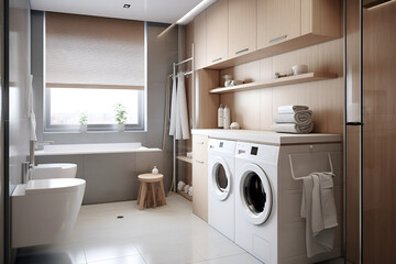 Modern interior in bright colors of the bathroom with shelves with a washer and dryer. - obrazy, fototapety, plakaty