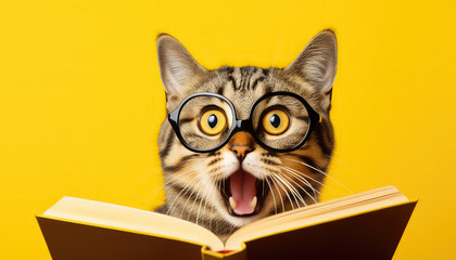 funny amazed cat wear glasses with book on yellow background