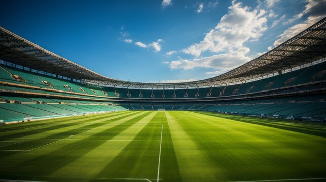 SOCCER STADIUM WITH A GREEN LAWN.