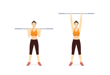 Fototapeta na wymiar Sport woman doing workout with empty Barbell in behind the head push press pose. Starts in the back rack position and is pushed overhead, Finish by extending arms