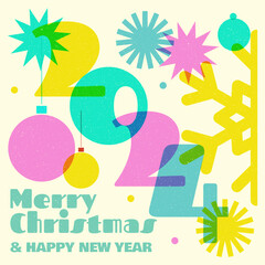 Colorful geometric shape background in trendy riso graph print texture style. Vector illustrator. Merry risograph christmas and happy new year modern background for design and card, covers, package