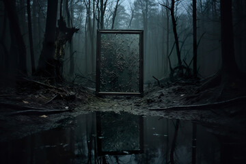 Dark and scary place in the forest with dense air. Dirty antique mirror image reflecting only darkness in realistic horror. Macabre and unknown scenario.