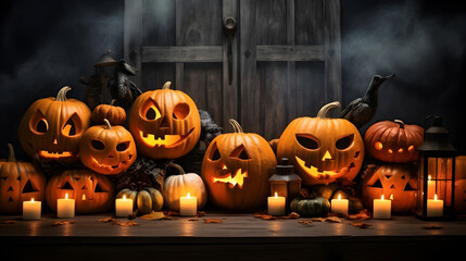 Background jack-o-lantern , halloween pumpkins and candles.