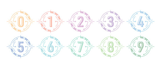 0-9 numbers on a white background. technological interface and colored numbers