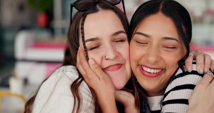 Friends, happy and women hug at cafe, bonding and having fun together at store. Smile, girls and people embrace at restaurant, care in trust and support in reunion, greeting or meeting at coffee shop