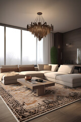 Ethnic style interior of living room in modern house.