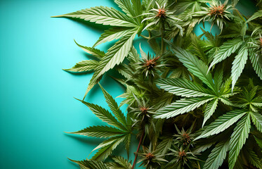Background medical plant marijuana leaves on green backdrop.