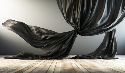 Black curtain on the wall. Minimalist decor concept. AI generated