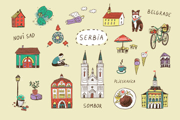 Fototapeta premium Travel Serbia landmarks vector illustrations doodle set.